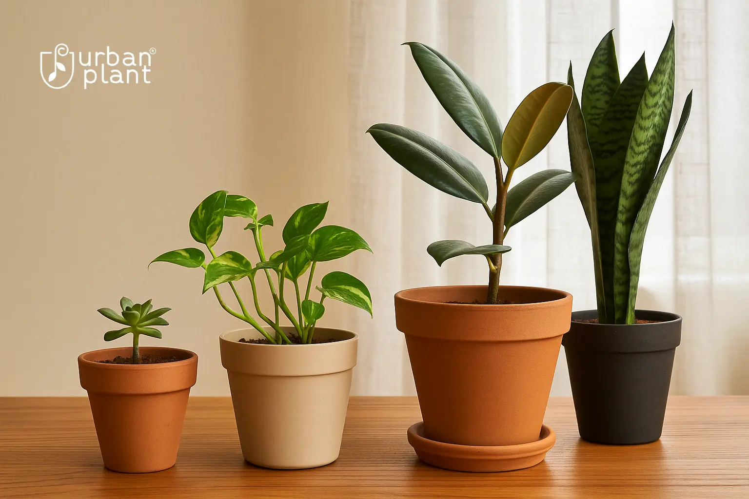 Different plant pots arranged in increasing sizes from small to large, each with a healthy plant | Urban Plant